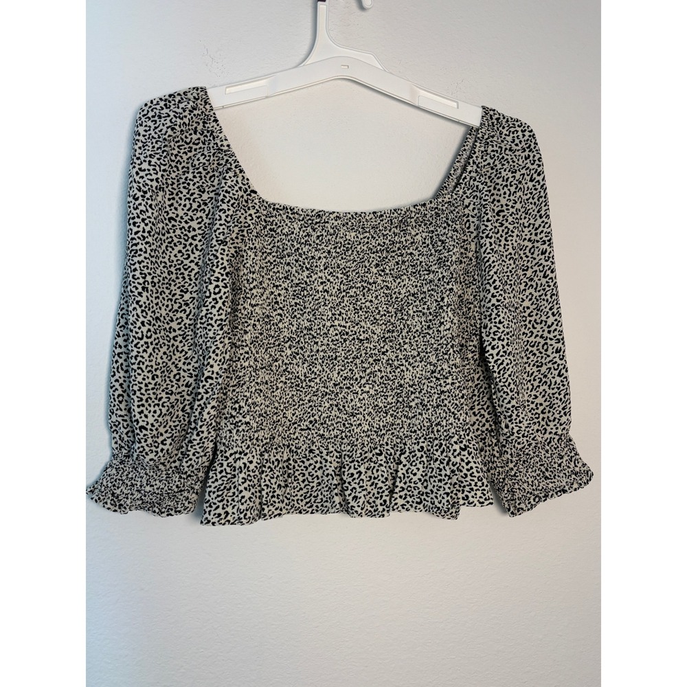 Joy Joy Womens Smocked Animal Print Blouse‎ Square Neck Long Sleeve Peplum Top S